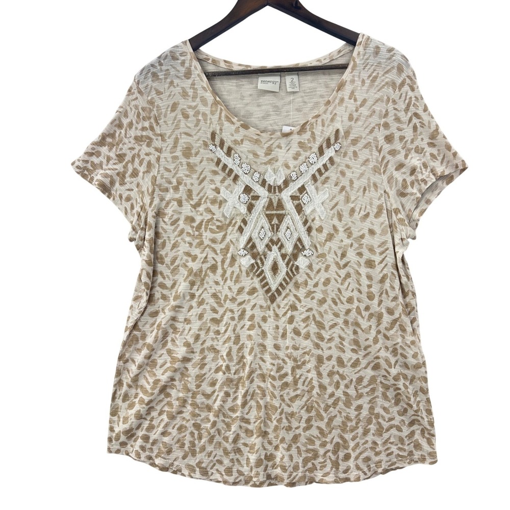 Zenergy by Chico's Embroidered Leopard Print Tee Shirt Women's Size 2 Neutral